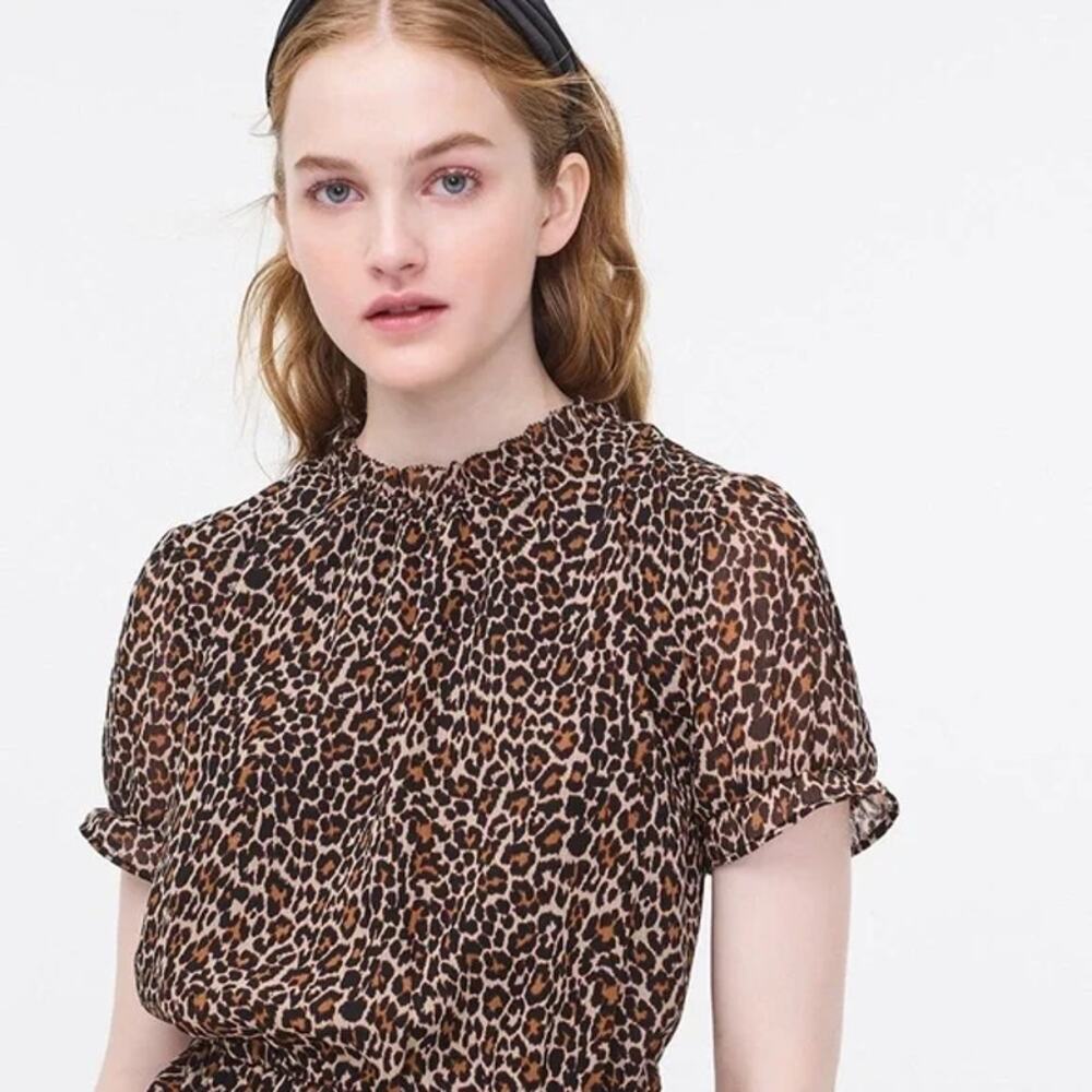 J. Crew Women's Tan Black Leopard Print Ruffle Neck Short Sleeve Peplum Blouse - Picture 2 of 12
